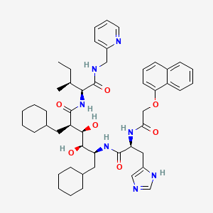 molecular formula C49H67N7O7 B12782045 L-Idonamide, 6-cyclohexyl-2-(cyclohexylmethyl)-2,5,6-trideoxy-5-((3-(1H-imidazol-4-yl)-2-(((1-naphthalenyloxy)acetyl)amino)-1-oxopropyl)amino)-N-(2-methyl-1-(((2-pyridinylmethyl)amino)carbonyl)butyl)-(1(1S,2S),5(S))- CAS No. 134458-75-6