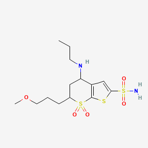 molecular formula C14H24N2O5S3 B12782557 5,6-Dihydro-6-(3-methoxypropyl)-4-(propylamino)-4H-thieno(2,3-b)thiopyran-2-sulfonamide 7,7-dioxide CAS No. 138302-29-1