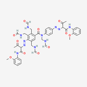 molecular formula C43H45N11O11 B12784564 Benzamide, 4-((1-(((2-methoxyphenyl)amino)carbonyl)-2-oxopropyl)azo)-N-(4-((1-(((2-methoxyphenyl)amino)carbonyl)-2-oxopropyl)azo)phenyl)-, tetrakis((formylamino)methyl) deriv. CAS No. 68155-46-4