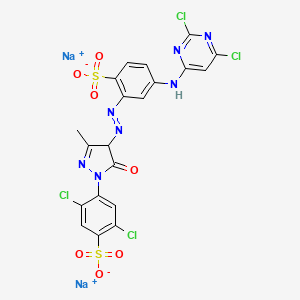 molecular formula C20H11Cl4N7Na2O7S2 B12784569 Benzenesulfonic acid, 2,5-dichloro-4-(4-((5-((2,6-dichloro-4-pyrimidinyl)amino)-2-sulfophenyl)azo)-4,5-dihydro-3-methyl-5-oxo-1H-pyrazol-1-yl)-, disodium salt CAS No. 71720-93-9