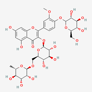 molecular formula C34H42O21 B12784832 5,7-Dihydroxy-2-(3-methoxy-4-(3,4,5-trihydroxy-6-hydroxymethyl-tetrahydro-pyran-2-yloxy)-phenyl)-3-(3,4,5-trihydroxy-6-(3,4,5-trihydroxy-6-methyl-tetrahydro-pyran-2-yloxymethyl)-tetrahydro-pyran-2-yloxy)-1-benzopyran-4-one CAS No. 111393-97-6