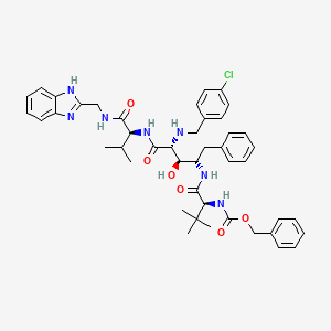 molecular formula C45H54ClN7O6 B12786555 L-Lyxonamide, N-(1-(((1H-benzimidazol-2-ylmethyl)amino)carbonyl)-2-methylpropyl)-2-(((4-chlorophenyl)methyl)amino)-2,4,5-trideoxy-4-((3,3-dimethyl-1-oxo-2-(((phenylmethoxy)carbonyl)amino)butyl)amino)-5-phenyl-,(1(S),4(S))- CAS No. 161186-52-3