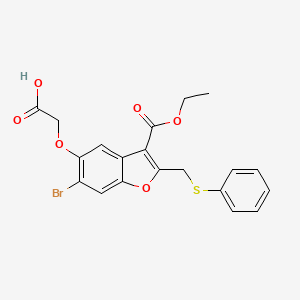 molecular formula C20H17BrO6S B12788268 3-Benzofurancarboxylic acid, 6-bromo-5-(hydroperoxyacetyl)-2-((phenylthio)methyl)-, ethyl ester CAS No. 82039-79-0