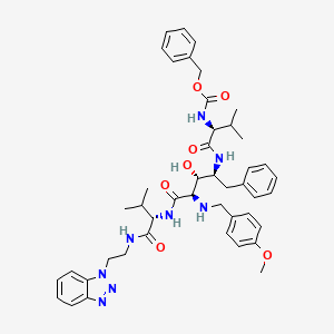 molecular formula C45H56N8O7 B12788778 L-Lyxonamide, N-(1-(((2-(1H-benzotriazol-1-yl)ethyl)amino)carbonyl)-2-methylpropyl)-2,4,5-trideoxy-2-(((4-methoxyphenyl)methyl)amino)-4-((3-methyl-1-oxo-2-(((phenylmethoxy)carbonyl)amino)butyl)amino)-5-phenyl-, (1(S),4(S))- CAS No. 169305-65-1