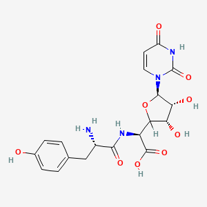 molecular formula C19H22N4O9 B12789504 (2S)-2-[[(2S)-2-amino-3-(4-hydroxyphenyl)propanoyl]amino]-2-[(3S,4R,5R)-5-(2,4-dioxopyrimidin-1-yl)-3,4-dihydroxy-tetrahydrofuran-2-yl]acetic acid CAS No. 86632-66-8