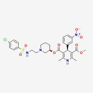 molecular formula C29H33ClN4O8S B12792766 3,5-Pyridinedicarboxylic acid, 1,4-dihydro-2,6-dimethyl-4-(3-nitrophenyl)-, (3R)-1-(2-(((4-chlorophenyl)sulfonyl)amino)ethyl)-3-piperidinyl methyl ester, (4S)- CAS No. 256384-04-0