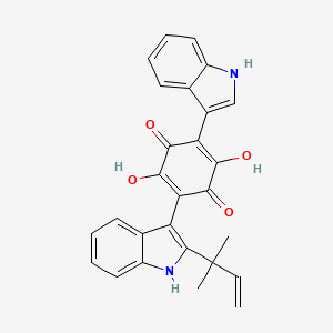 molecular formula C27H22N2O4 B12792864 2,5-Cyclohexadiene-1,4-dione, 2-(2-(1,1-dimethyl-2-propenyl)-1H-indol-3-yl)-3,6-dihydroxy-5-(1H-indol-3-yl)- CAS No. 78860-38-5