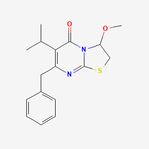 molecular formula C17H20N2O2S B12792972 5H-Thiazolo(3,2-a)pyrimidin-5-one, 2,3-dihydro-3-methoxy-6-(1-methylethyl)-7-(phenylmethyl)- CAS No. 199852-37-4