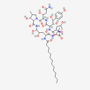 molecular formula C49H78N8O17 B12793243 N-[3-(3-amino-1-hydroxy-3-oxopropyl)-6-[1,2-dihydroxy-2-(4-hydroxyphenyl)ethyl]-11,20,21,25-tetrahydroxy-15-(1-hydroxyethyl)-26-methyl-2,5,8,14,17,23-hexaoxo-1,4,7,13,16,22-hexazatricyclo[22.3.0.09,13]heptacosan-18-yl]tetradecanamide CAS No. 61991-02-4