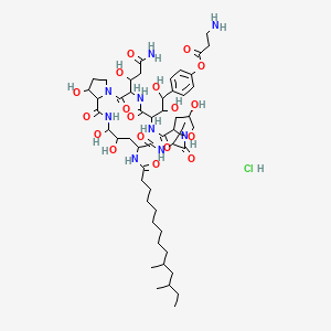 molecular formula C53H86ClN9O18 B12793889 L-Proline, N-(10,12-dimethyl-1-oxotetradecyl)-(4R,5R)-4,5-dihydroxy-L-ornithyl-L-threonyl-trans-4-hydroxy-L-prolyl-(S)-4-hydroxy-4-(4-hydroxyphenyl)-L-threonyl-threo-3-hydroxy-L-glutaminyl-3-hydroxy-, cyclic (6>1)-peptide, 4-ester with b-alanine, monohydrochloride, trans- CAS No. 138661-18-4