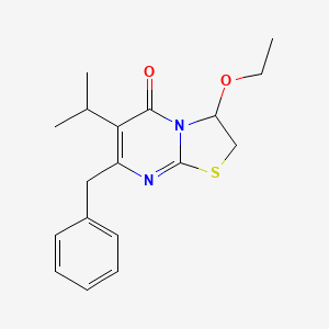 molecular formula C18H22N2O2S B12797101 5H-Thiazolo(3,2-a)pyrimidin-5-one, 3-ethoxy-2,3-dihydro-6-(1-methylethyl)-7-(phenylmethyl)- CAS No. 199852-38-5