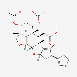 molecular formula C31H40O9 B12803445 methyl 2-[(1R,2S,4R,6R,9R,10R,11R,12S,14R,15R,18R)-12,14-diacetyloxy-6-(furan-3-yl)-7,9,11,15-tetramethyl-3,17-dioxapentacyclo[9.6.1.02,9.04,8.015,18]octadec-7-en-10-yl]acetate CAS No. 18184-23-1