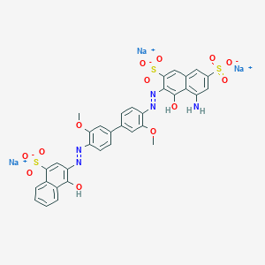 molecular formula C34H24N5Na3O13S3 B12804041 2,7-Naphthalenedisulfonic acid, 5-amino-4-hydroxy-3-((4'-((1-hydroxy-4-sulfo-2-naphthalenyl)azo)-3,3'-dimethoxy(1,1'-biphenyl)-4-yl)azo)-, trisodium salt CAS No. 75673-20-0