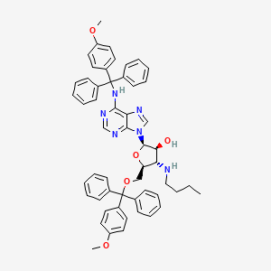 molecular formula C54H54N6O5 B12805783 9H-Purin-6-amine, 9-(3-(butylamino)-3-deoxy-5-O-((4-methoxyphenyl)diphenylmethyl)-beta-D-arabinofuranosyl)-N-((4-methoxyphenyl)diphenylmethyl)- CAS No. 134934-61-5