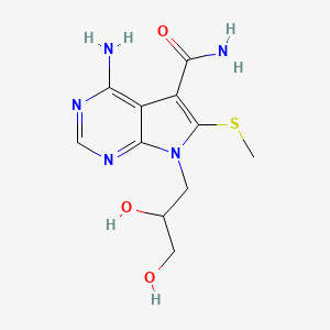 molecular formula C11H15N5O3S B12805824 4-Amino-5-(aminocarbonyl)-6-(methylthio)-7-((RS)-2,3-dihydroxypropyl)pyrrolo-(2,3-d)pyrimidine CAS No. 127945-94-2