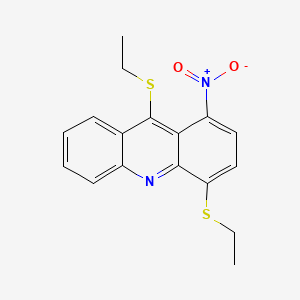 molecular formula C17H16N2O2S2 B12806976 Acridine, 4,9-bis(ethylthio)-1-nitro- CAS No. 128093-92-5