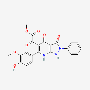 molecular formula C22H17N3O7 B12807677 1H-Pyrazolo(3,4-b)pyridine-5-acetic acid, 2,3-dihydro-4-hydroxy-6-(4-hydroxy-3-methoxyphenyl)-a,3-dioxo-2-phenyl-, methyl ester CAS No. 220752-06-7