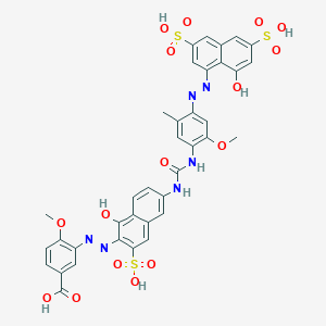 molecular formula C37H30N6O16S3 B12807771 3-((1-Hydroxy-6-((((4-((8-hydroxy-3,6-disulpho-1-naphthyl)azo)-2-methoxy-5-methylphenyl)amino)carbonyl)amino)-3-sulpho-2-naphthyl)azo)-p-anisic acid CAS No. 93919-21-2