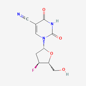 molecular formula C10H10FN3O4 B12807892 Uridine, 5-cyano-2',3'-dideoxy-3'-fluoro- CAS No. 131221-88-0