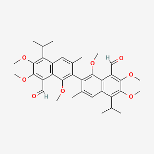 molecular formula C36H42O8 B12808002 5,5'-Diisopropyl-1,1',6,6',7,7'-hexamethoxy-3,3'-dimethyl-2,2'-binaphthalene-8,8'-dicarbaldehyde CAS No. 27864-29-5