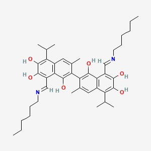 molecular formula C42H56N2O6 B12808318 (2,2'-Binaphthalene)-1,1',6,6',7,7'-hexol, 8,8'-bis((E)-(hexylimino)methyl)-3,3'-dimethyl-5,5'-bis(1-methylethyl)- CAS No. 7356-17-4