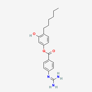 molecular formula C20H25N3O3 B12808427 Benzoic acid, 4-((aminoiminomethyl)amino)-, 4-hexyl-3-hydroxyphenyl ester CAS No. 89035-73-4