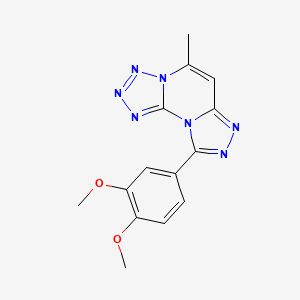 molecular formula C14H13N7O2 B12808543 9-(3,4-Dimethoxyphenyl)-5-methyltetraazolo(1,5-a)(1,2,4)triazolo(4,3-c)pyrimidine CAS No. 67433-62-9