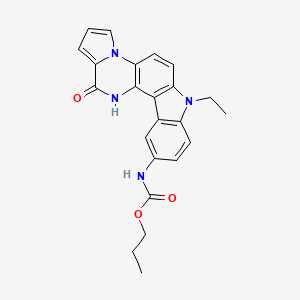 molecular formula C23H22N4O3 B12808710 propyl N-(9-ethyl-19-oxo-9,14,20-triazapentacyclo[11.7.0.02,10.03,8.014,18]icosa-1(13),2(10),3(8),4,6,11,15,17-octaen-5-yl)carbamate CAS No. 82983-11-7