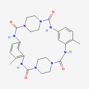 molecular formula C26H32N8O4 B12809435 5,20-Dimethyl-1,3,9,11,14,16,22,24-octaazapentacyclo(22.2.2.2(11,14).1(4,8).1(17,21))dotriaconta-4(32),5,7,17(29),18,20-hexaene-2,10,15,23-tetrone CAS No. 6277-08-3