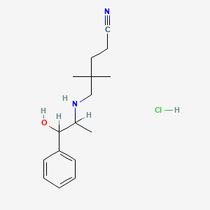 molecular formula C16H25ClN2O B12809761 4,4-Dimethyl-5-((beta-hydroxy-alpha-methylphenethyl)amino)valeronitrile hydrochloride CAS No. 18855-07-7