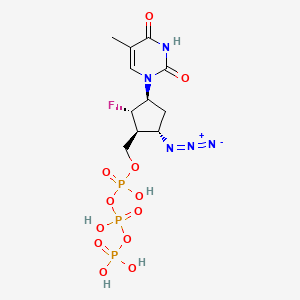 molecular formula C11H17FN5O12P3 B12809967 1-(4-Azido-2-fluoro-3-methoxycyclopentyl)thymine-triphosphate CAS No. 127753-53-1