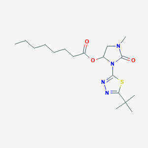 molecular formula C18H30N4O3S B12812097 Octanoic acid, 3-(5-(1,1-dimethylethyl)-1,3,4-thiadiazol-2-yl)-1-methyl-2-oxo-4-imidazolidinyl ester CAS No. 58339-97-2