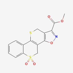 molecular formula C15H11NO5S2 B12812249 Methyl 7,7-dioxo-2H,6H-benzo(e)isoxazolo(4',5'-4,3)thiino(5,6-c)thiin-3-carboxylate CAS No. 74122-61-5