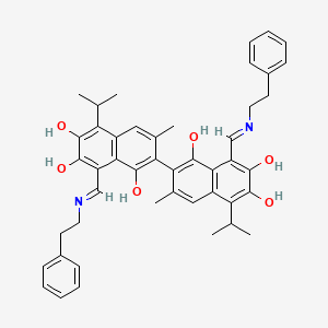 molecular formula C46H48N2O6 B12813170 5-isopropyl-3-methyl-8-[(E)-phenethyliminomethyl]-2-[1,6,7-trihydroxy-5-isopropyl-3-methyl-8-[(E)-phenethyliminomethyl]-2-naphthyl]naphthalene-1,6,7-triol CAS No. 6974-00-1