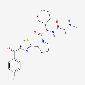 molecular formula C26H33FN4O3S B12813301 Propanamide, N-[(1S)-1-cyclohexyl-2-[(2S)-2-[4-(4-fluorobenzoyl)-2-thiazolyl]-1-pyrrolidinyl]-2-oxoethyl]-2-(methylamino)-, (2S)-;Propanamide, N-[(1S)-1-cyclohexyl-2-[(2S)-2-[4-(4-fluorobenzoyl)-2-thiazolyl]-1-pyrrolidinyl]-2-oxoethyl]-2-(methylamino)-, (2S)- 