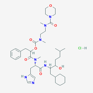molecular formula C40H64ClN7O7 B128138 1-Cyclohexyl-3-hydroxy-6-methyl-2-(N(alpha)-methyl-N(alpha)-(2-(N-methyl-N-(2-(N-methyl-N-morpholinocarbonylamino)ethyl)aminocarbonyloxy)-3-phenylpropionyl)histidyl)aminoheptane hydrochloride CAS No. 150679-23-5