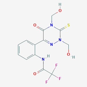 molecular formula C13H11F3N4O4S B12814549 2,4-Di(hydroxymethyl)-3-thioxo-6-(2-trifluoroacetylaminophenyl)-1,2,4-triazine-5(2H,4H)one CAS No. 134793-43-4