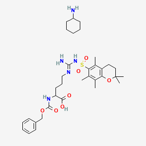 molecular formula C34H51N5O7S B12814571 5-[[Amino-[(2,2,5,7,8-pentamethyl-3,4-dihydrochromen-6-yl)sulfonylamino]methylidene]amino]-2-(phenylmethoxycarbonylamino)pentanoic acid;cyclohexanamine 