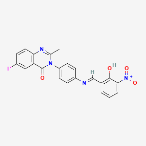 molecular formula C22H15IN4O4 B12815534 3-(4-(((2-Hydroxy-3-nitrophenyl)methylene)amino)phenyl)-6-iodo-2-methyl-4(3H)-quinazolinone CAS No. 36933-79-6