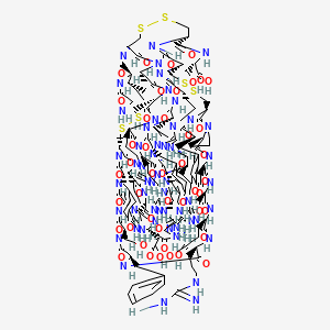 molecular formula C151H233N53O44S6 B12816469 (2S)-2-[[(1R,4R,7R,10R,13R,16R,22S,25R,28R,31R,34R,37R,40R,46S,49S,52S,55R,58S,64S,67S,70S,73S,76S,79R,82S,87S,90S)-87-[[(2R,3S)-2-[(2-aminoacetyl)amino]-3-methylpentanoyl]amino]-13,37-dibenzyl-4,7,10,34,52,67,76-heptakis(3-carbamimidamidopropyl)-31-(2-carboxyethyl)-25,58-bis(carboxymethyl)-28,40-bis(hydroxymethyl)-46,70-bis[(4-hydroxyphenyl)methyl]-64,90-dimethyl-2,5,8,11,14,17,23,26,29,32,35,38,41,44,47,50,53,56,59,62,65,68,71,74,77,80,88,91-octacosaoxo-55,73-di(propan-2-yl)-84,85,94,95,98,99-hexathia-3,6,9,12,15,18,24,27,30,33,36,39,42,45,48,51,54,57,60,63,66,69,72,75,78,81,89,92-octacosazatetracyclo[47.43.4.416,79.018,22]hectane-82-carbonyl]amino]-3-hydroxypropanoic acid 