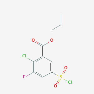 molecular formula C10H9Cl2FO4S B12817358 Propyl 2-chloro-5-(chlorosulfonyl)-3-fluorobenzoate 