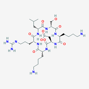 molecular formula C31H57N11O9 B12819484 2-[(2R,5R,8R,11R,14R,17S)-5,17-bis(4-aminobutyl)-8-[3-(diaminomethylideneamino)propyl]-14-(hydroxymethyl)-11-(2-methylpropyl)-3,6,9,12,15,18-hexaoxo-1,4,7,10,13,16-hexazacyclooctadec-2-yl]acetic acid 