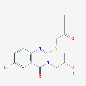 molecular formula C17H21BrN2O3S B12819491 6-Bromo-2-((3,3-dimethyl-2-oxobutyl)thio)-3-(2-hydroxypropyl)quinazolin-4(3H)-one 