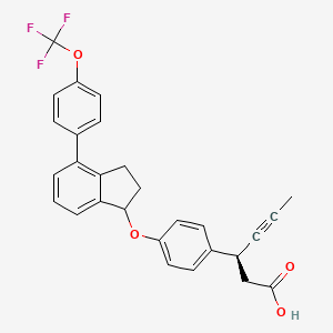 molecular formula C28H23F3O4 B12821873 (3S)-3-(4-((4-(4-(Trifluoromethoxy)phenyl)-2,3-dihydro-1H-inden-1-yl)oxy)phenyl)hex-4-ynoic acid 