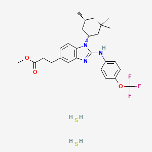 molecular formula C27H36F3N3O3S2 B12826321 Rel-methyl 3-(2-((4-(trifluoromethoxy)phenyl)amino)-1-((1R,5R)-3,3,5-trimethylcyclohexyl)-1H-benzo[d]imidazol-5-yl)propanoate--dihydrogen sulfide 