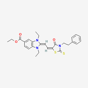 Ethyl 1,3-diethyl-2-(2-(4-oxo-3-phenethyl-2-thioxothiazolidin-5-ylidene)ethylidene)-2,3-dihydro-1H-benzo[d]imidazole-5-carboxylate