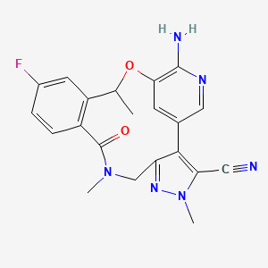 molecular formula C21H19FN6O2 B12827093 19-amino-13-fluoro-4,8,16-trimethyl-9-oxo-17-oxa-4,5,8,20-tetrazatetracyclo[16.3.1.02,6.010,15]docosa-1(22),2,5,10(15),11,13,18,20-octaene-3-carbonitrile 