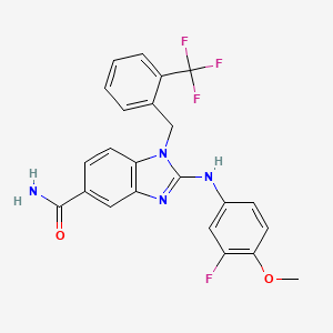 molecular formula C23H18F4N4O2 B12827158 2-((3-Fluoro-4-methoxyphenyl)amino)-1-(2-(trifluoromethyl)benzyl)-1H-benzo[d]imidazole-5-carboxamide 