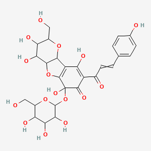 molecular formula C27H30O16 B12827469 3,4,6,7-Tetrahydroxy-2-(hydroxymethyl)-8-((E)-3-(4-hydroxyphenyl)acryloyl)-6-((2R,3R,4S,5S,6R)-3,4,5-trihydroxy-6-(hydroxymethyl)tetrahydro-2H-pyran-2-yl)-4,4a,6,9b-tetrahydro-2H-pyrano[3,2-b]benzofuran-9(3H)-one 