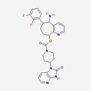 molecular formula C28H28F2N6O3 B12830283 4-(2,3-Dihydro-2-oxo-1H-imidazo[4,5-b]pyridin-1-yl)-1-piperidinecarboxylic acid (5S,6S,9R)-5-amino-6-(2,3-difluorophenyl)-6,7,8,9-tetrahydro-5H-cyclohepta[b]pyridin-9-yl ester;Rimegepant 